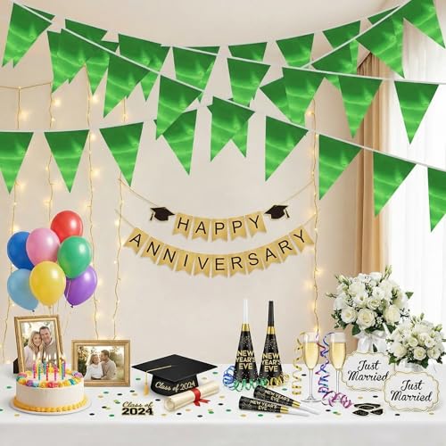 Image of 40M /130FT Green Triangle Pennant Banner Flag Metallic Fabric Bunting Garland for Christmas Graduation Safari Birthday Tropical Jungles Wedding Bachelorette Engagement Party Decoration Supplies
