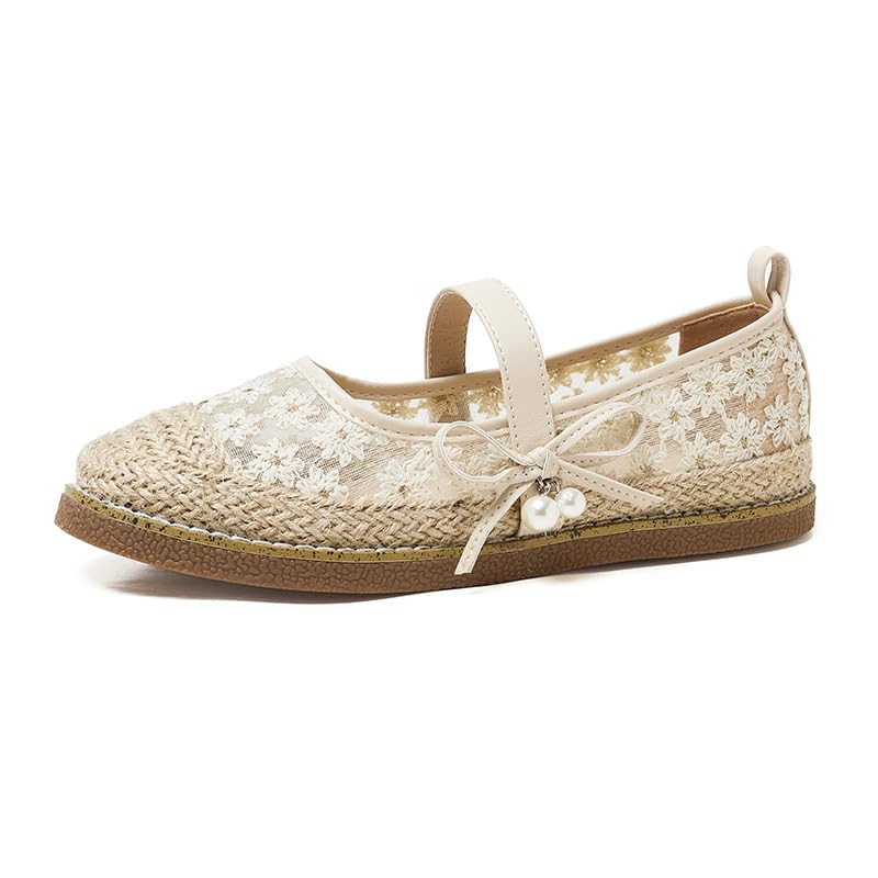 Mesh Mary Jane Flats for Women Round Toe Comfortable Casual Flats Shoes Cute Espadrilles for Women Flat with Flower