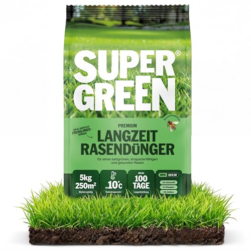 SUPERGREEN Rasendünger Langzeit bis 100 Tage | 5kg | NPK 18-6-10 für schnellen sattgrünen dichten Rasen | Nitratfrei & staubfreies Granulat (2-5 mm) | Premium Qualität