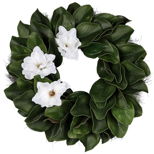 KuiMen 24 Inch Artificial Magnolia Wreaths for Front Door, Green Leaf Wreath with Sash Ribbon, All Season Farmhouse Indoor Outdoor Decor, Wedding Holiday Housewarming Birthday Gift for Mom
