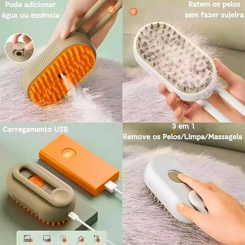 Escova Pet Vapor Elétrica 3 em 1 com Vapor Recarregável USB Massageadora, Removedora de Pelos e Hidr