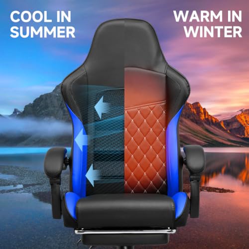 Image of GTPLAYER Gaming Chair, High Back Leather Computer Gaming Chair with Footrest, Ergonomic Height Adjustable Office Chair with Removable Cover and Lumbar Support for Gaming & Work,Blue
