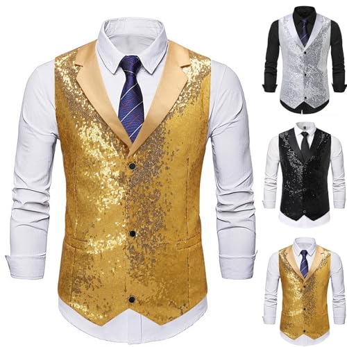 Men's Sequin Suit Vest Fashion Shiny Waistcoat Notch Neck Formal Sparkly Glitter Dress Vests for Wedding Party Prom