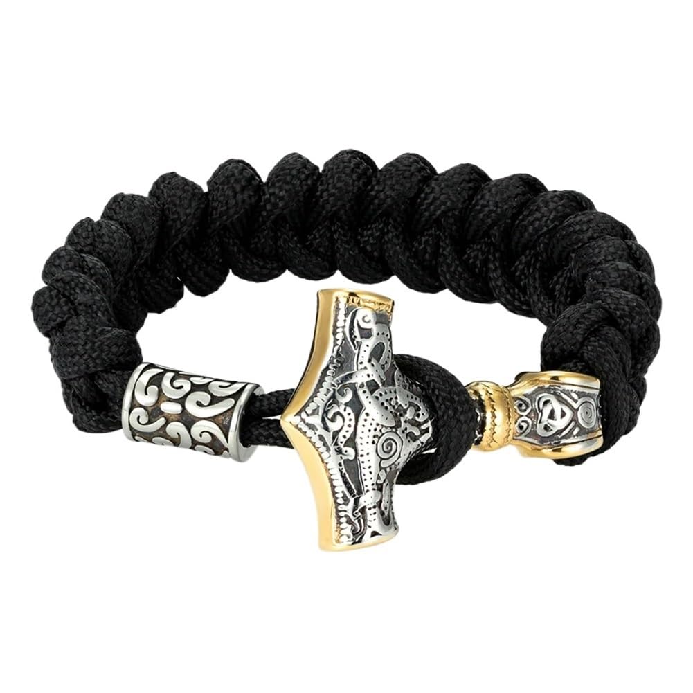 Skórzana bransoletka dla mężczyzn, Viking Mjolnir Paracord Bransoletka ze stali nierdzewnej Złoto Srebro 19cm-23cm