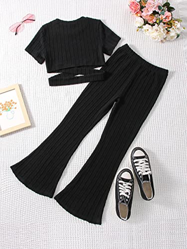 Image of WDIRARA Girl's 2 Piece Outfits Crisscross Cut Out Short Sleeve Tee and Flare Leg Pants Set Black 9Y