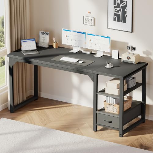 Image of Mericonia 63 in Computer Desk with Drawer, 1 inch Thick Reversible Office Desk | Large Modern Writing Table with Storage Shelves, Heavy Duty Industrial Executive Desk for Home Bedroom Study Work