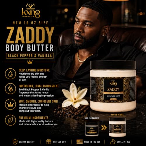 Image of KXNG Cosmetics Organic Shea Body Butter Cream - 16oz | Mens Body Butter for Black Men & Women with Shea, Cocoa, Mango & Coconut Oil | Moisturizing Cream for Hands, Feet & Skin - Zaddy
