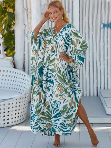Image of IMAGEKOPE Women's Plus Size Animal Print V-Neck Batwing Kaftan Beach Dress Bathing Suit Cover-Up Loungewear