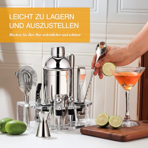 Cocktail Shaker Set, Edelstahl Cocktail Set mit 12 teiligem Bar Zubehör, 750ML Shaker Barkeeper Set mit Ständer, Cocktail Maschine Bar Set für Zuhause, Geschenke für Männer Dad Barkeeper (Silber)