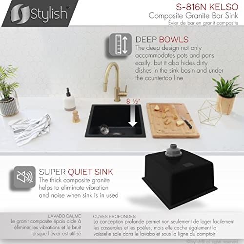 Image of Stylish 15.5 x 17.5 Inch Composite Granite Kitchen or Bar Sink, Single Bowl Under Mount & Drop in, 8.5 in Deep, Rear-Center Drain, with Strainer, Black, S-816N