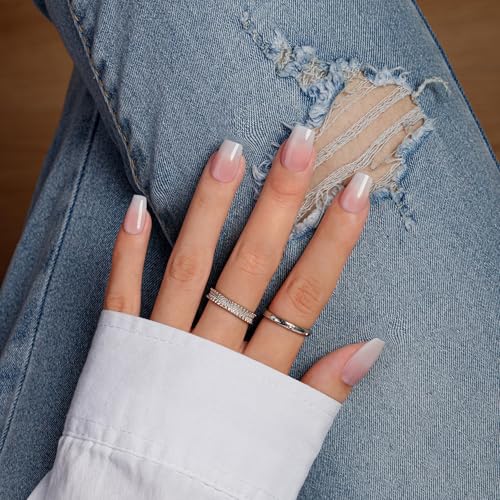 KQueenest Ombre French Tip Press On Nails Short Coffin, Natural Ombre Nails Press ons, Glossy Ballerina Medium Fake Nails With Glue, Soft Gel Reusable Glue on Nails for Women in 30 Pcs, White Pink