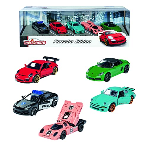 Majorette 5er Geschenkeset, 5 Fahrzeuge, Spielzeugautos mit Federung, Modelle: Porsche 911 GT3 RS, Porsche 718 Boxster, Porsche Panamera, Porsche 934, inkl. 2 exklusive Modelle, 7,5 cm Cover