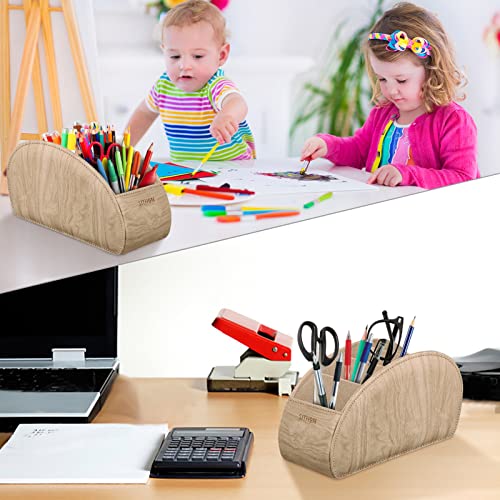 Image of SITHON Remote Control Holder with 5 Compartments - PU Leather Remote Caddy Desktop Organizer Store TV, DVD, Blu-Ray, Media Player, Heater Controllers, Woodgrain Khaki