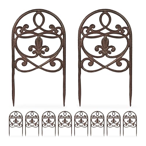 Relaxdays Valla Jardín, Set de 10, Hierro Fundido, 32,5 x 17,5 cm, Diseño Vintage, Bordura Huerto para Clavar, Marrón