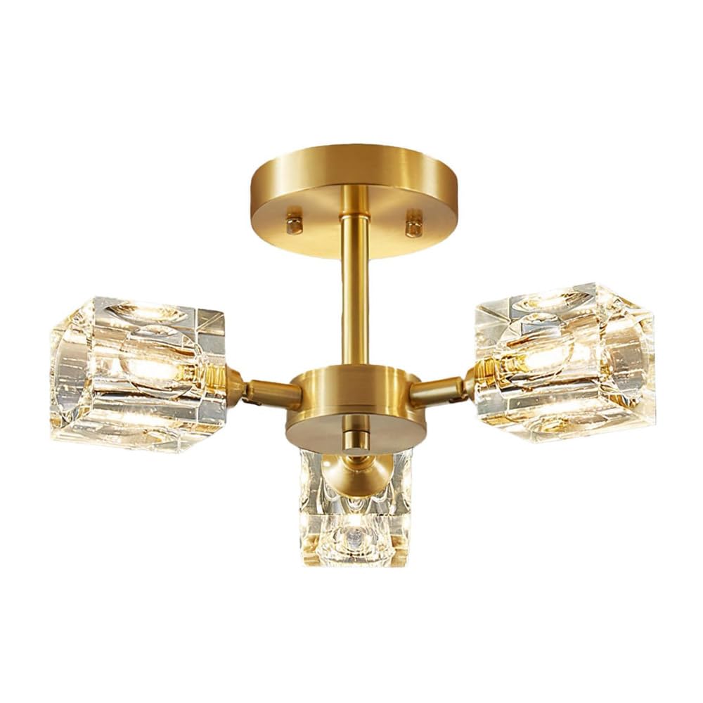 SYAXVOM Mid Century Modern Semi Flush Mount Ceiling Light, Brass Sputnik Chandelier Light Fixture, Brushed d Crystal Close to Lamp for Living Room Bedroom Kitchen Farmhouse