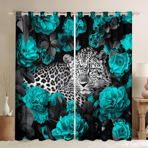 Erosebridal 3D Leopard Blackout Curtains Teal Rose Cheetah Print Curtains for Kids Child,African Safari Animals Curtains & Drapes Novelty Big Cat Wildlife Wild Animal Room Decor Bedroom Decor 84