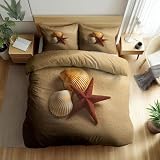 WHUOEUCO Funda Nórdica Cama 105 Conchas de Playa y Estrellas de mar, Juego De Funda Nórdica 180x220 cm, 3 Piezas Ropa de Cama con 2 Fundas de Almohada 50x75 cm, Microfibra Reversible Colcha