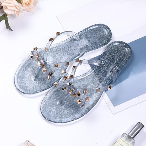 Women's Studded Bow Jelly Flat Flip Flops Fashion Comfort Open Round Toe Slip On Thong Slipper Sandals With Rivets for Summer Outdoor Beach Pool4