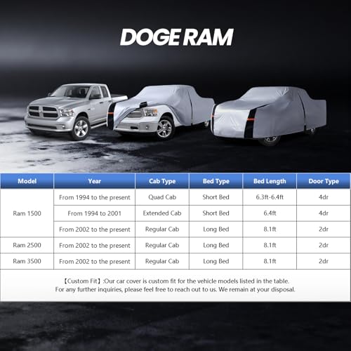 Image of Multi-Layer Dodge Ram 1500 Truck Cover, Custom fit Dodge Ram 1500 2009-2026 Quad Cab SB(6.1') Car Cover Waterproof All Weather, Full Exterior Cover Rain Wind Dust and UV Protection with Door Zipper