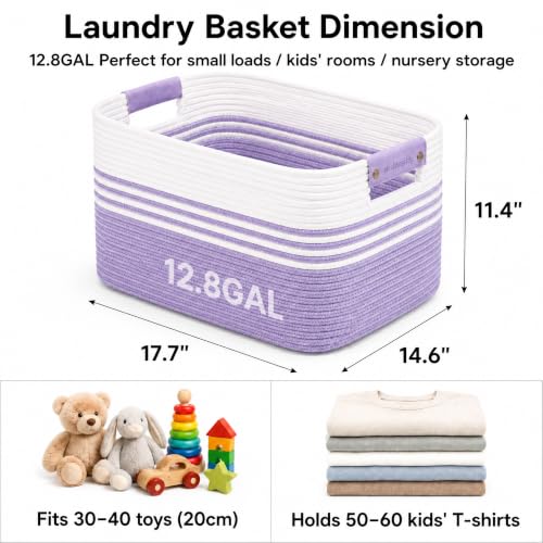 Image of 12.8GAL Small Cute laundry basket for nursery, Boho Square storage basket for Living Room Decor, Kids Girls Boys Toys Stuffed Animal Decorative Short Hamper for Dirty Clothes, Bath Towel White Purple