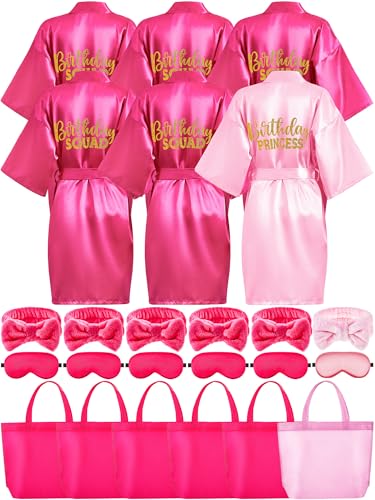 Sintuff Girls Spa Party Supplies 24 Pcs-6 Robes 6 Headbands 6 Eye Masks & 6 Tote Bags for Sleepover Slumber Birthday Party(Size 8 Pink)