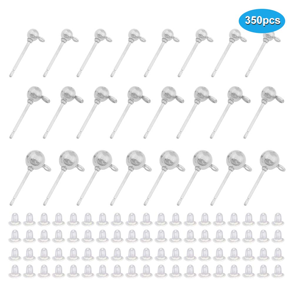 150 Pcs Ball Earring Studs with 200pcs Rubber Earring Safety Backs，Round Earrings Hypoallergenic Ball Post Earring with Loop Spherical Earrings for DIY Jewelry Earring Making