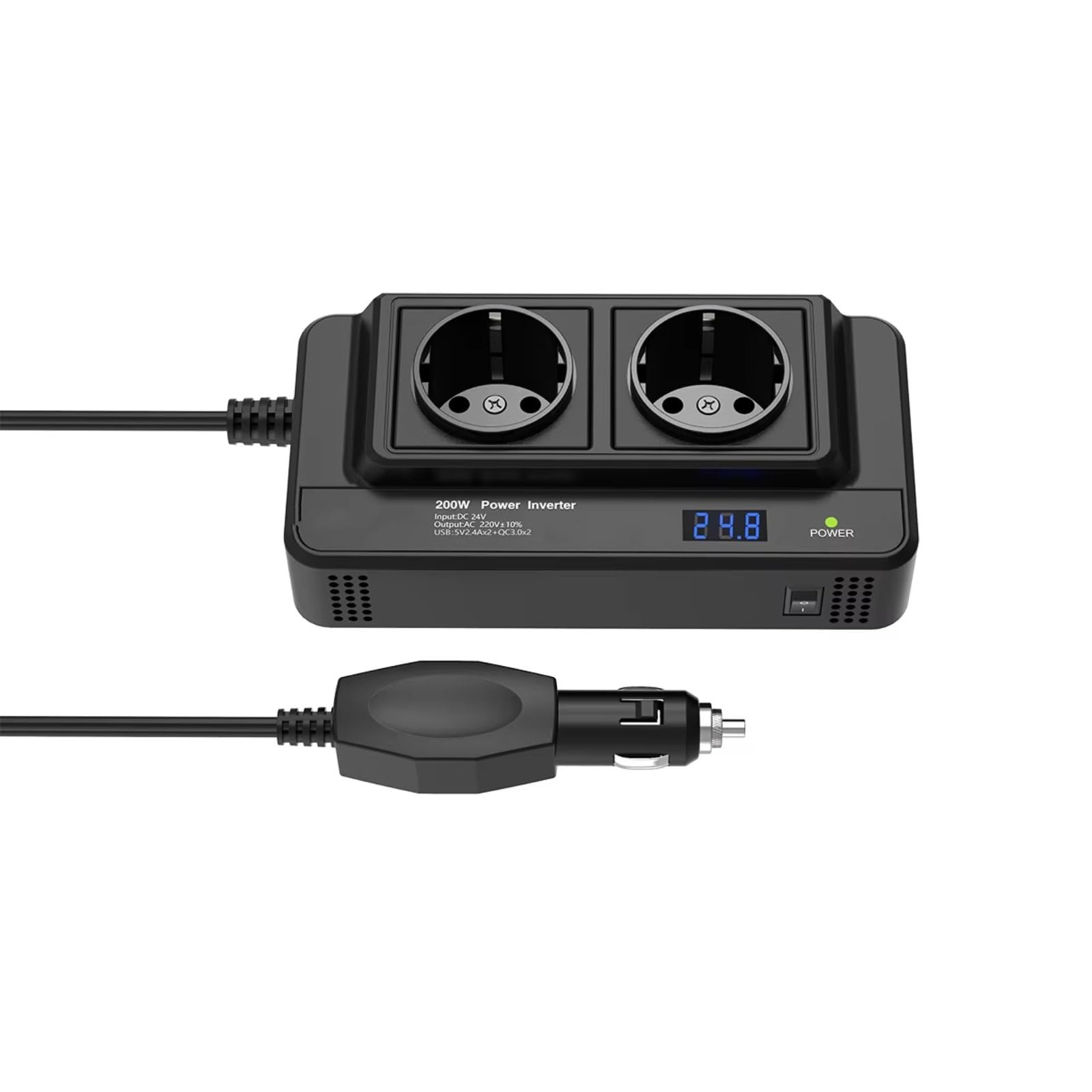 Inverter Onda Pura Inverter Di Potenza Meind 200W 24V A 220V Doppia Presa CA UE Porte Di Ricarica Rapida USB E QC 3.0 Con Presa Accendisigari Convertitore