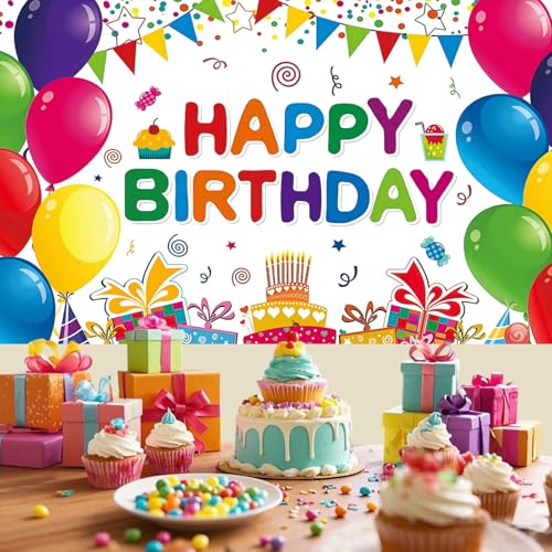 Image of Happy Birthday Backdrop Banner, Colorful Birthdays Banner Backdrop Happy Birthday Party Decorations Yard Sign Background for Kids Birthdays Party Indoor Outdoor Decorations (6x3.6ft)