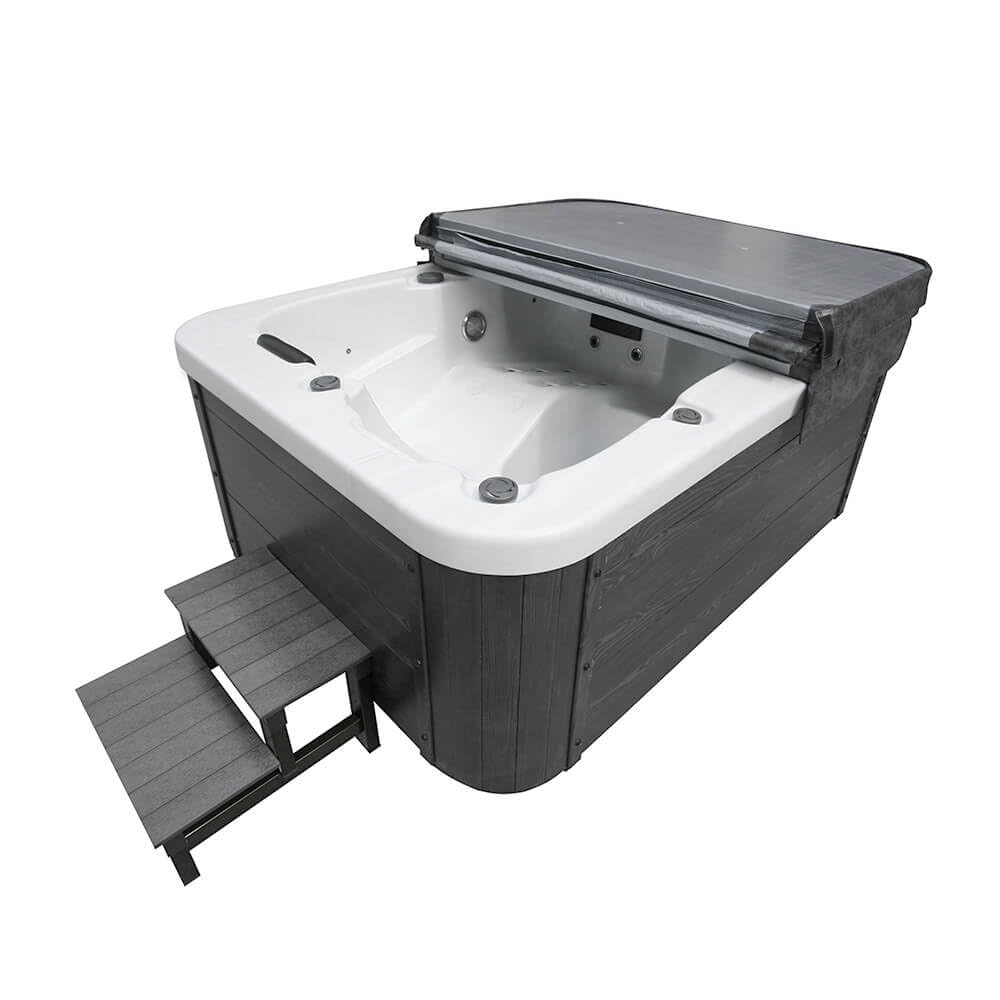 Home Deluxe - Outdoor Whirlpool - White Marble Plus Treppe und Thermoabdeckung - Maße 210 x 160 x 85 cm - Inkl. Heizung, 27 Massagedüsen und 9 Lichtquellen I Außen Whirlpool Spa für 3 Personen