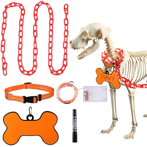 WinnerWhy Halloween 7 ft Skeleton Dog Accessories Giant Skeleton Decorations Includes 9.84 ft 200 LED Plastic Chain String Lights Tag Collar for Outdoor Yard Lawn Scary Prop Graveyard Party Decor