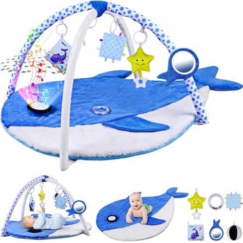 Image of Baby Play Gym Mat w Projector, Tummy Time Mat w 6 Detachable Toys for Newborn, Oversize Whale Shaped Activity Mat for Babys 0-3 6 9 12 Months, Musical/Motor Skill Development Baby Essentials Gift