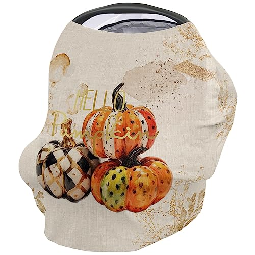 Nursing Cover for Breastfeeding Scarf, Plaid Pumpkin Gold Leaves Fall Thanksgiving Vintage Baby Car Covers Super Soft Multi Use for Canopy Shopping Cart Cover Blanket Stroller Cover
