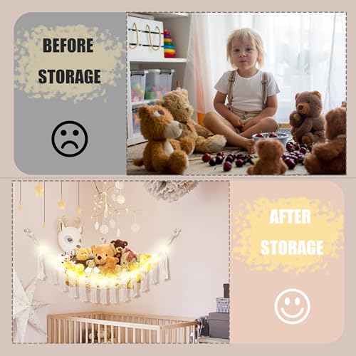 Image of CERETIA Stuffed Animal Hammock with LED Light, Large Stuffed Animals Storage Corner Plushie Net for Kids Room Decor, 2 Packs White