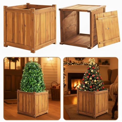 Image of Idzo Set of 2 Hardwood Outdoor Flower Box, Durable Acacia Wood Flower Boxes for Outdoor Plants with Ergonomic Handles, Drainage Holes, Multiple Sizes Wood Bucket Planter for Home Décor