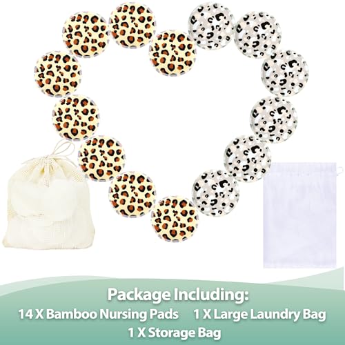 Image of wegreeco Nursing Breast Pads (14 Pack) + Laundry Bag & Travel Storage Bag, 4.7 inch Option - Washable & Reusable Breastfeeding Nursing Pads (Cheetah Print, Large, Plain Shape)