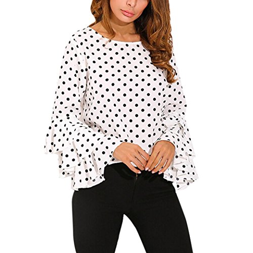 Vestidos Largos Camisa Mujer Mujer Manga de Campana Suelto Polka Dot Camisetas Sudaderas Blusa Pullover Casual Tops (Blanco, L)