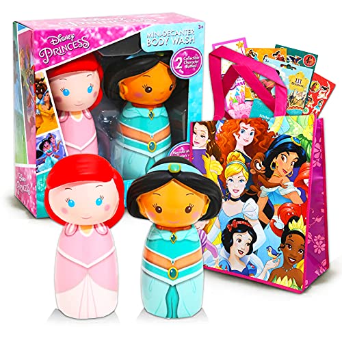 Disney Princess Decanter Body Wash Set ~ 4 Pc Bath Bundle with Mini Ariel and Jasmine Collectible Body Wash, Princess Tote Bag, Stickers, and More (Disney Princess Bathroom Accessories)