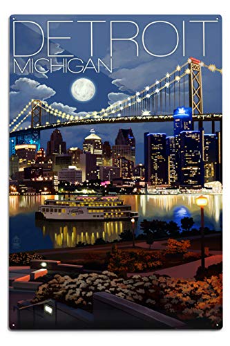 Lantern Press Detroit, Michigan, Skyline at Night (12x18 Aluminum Art, Indoor Outdoor Metal Sign Decor)
