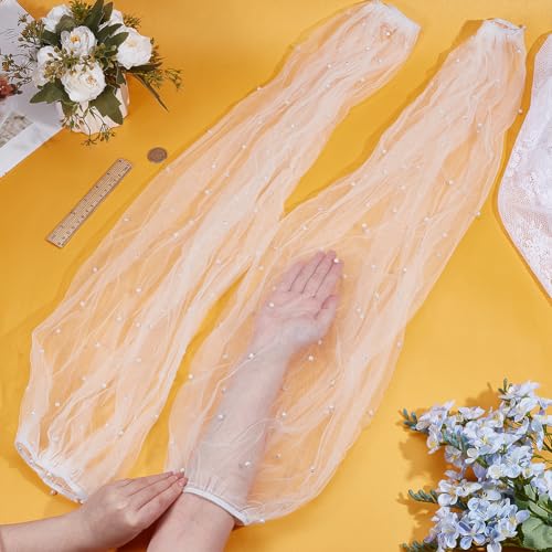 AHANDMAKER 1 Pair Long Wedding Tulle Gloves, White Pearl Arm Sleeves Removable Mesh Puff Sleeve Fingerless Glove for Women Wedding Dress Prom Opera Theme Party3