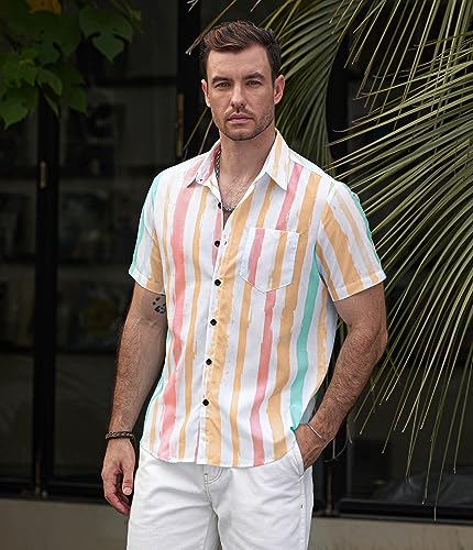VATPAVE Mens Striped Summer Shirts Casual Button Down Short Sleeve Beach Stylish Untucked Hawaiian Shirts2