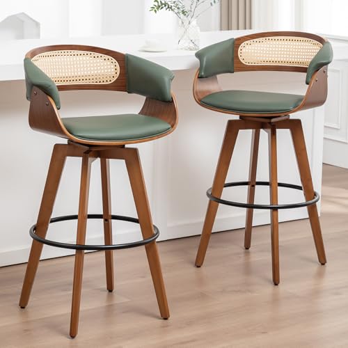 KUNZENT Set of 2 Rattan Swivel Counter Stools - 26.4 inch Mid Century Modern Counter Stools with Cane Back, Upholstered Seat, Curved Arms, Bar Stools for Island/Kitchen/Cafe (26