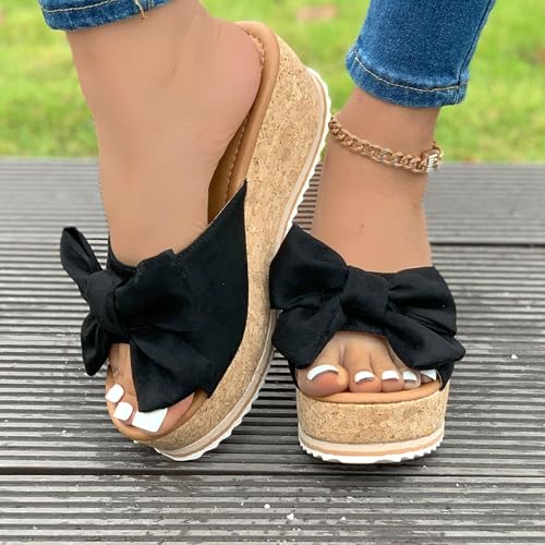 Platform Slip On Sandals for Women, Leopard Bow Decoration Walking Slippers, Casual Wedge Sandals, Dressy Vacation Sandal, Comfortable Open Toe Slippers Breathable Summer Shoes Barefoot Footwear4
