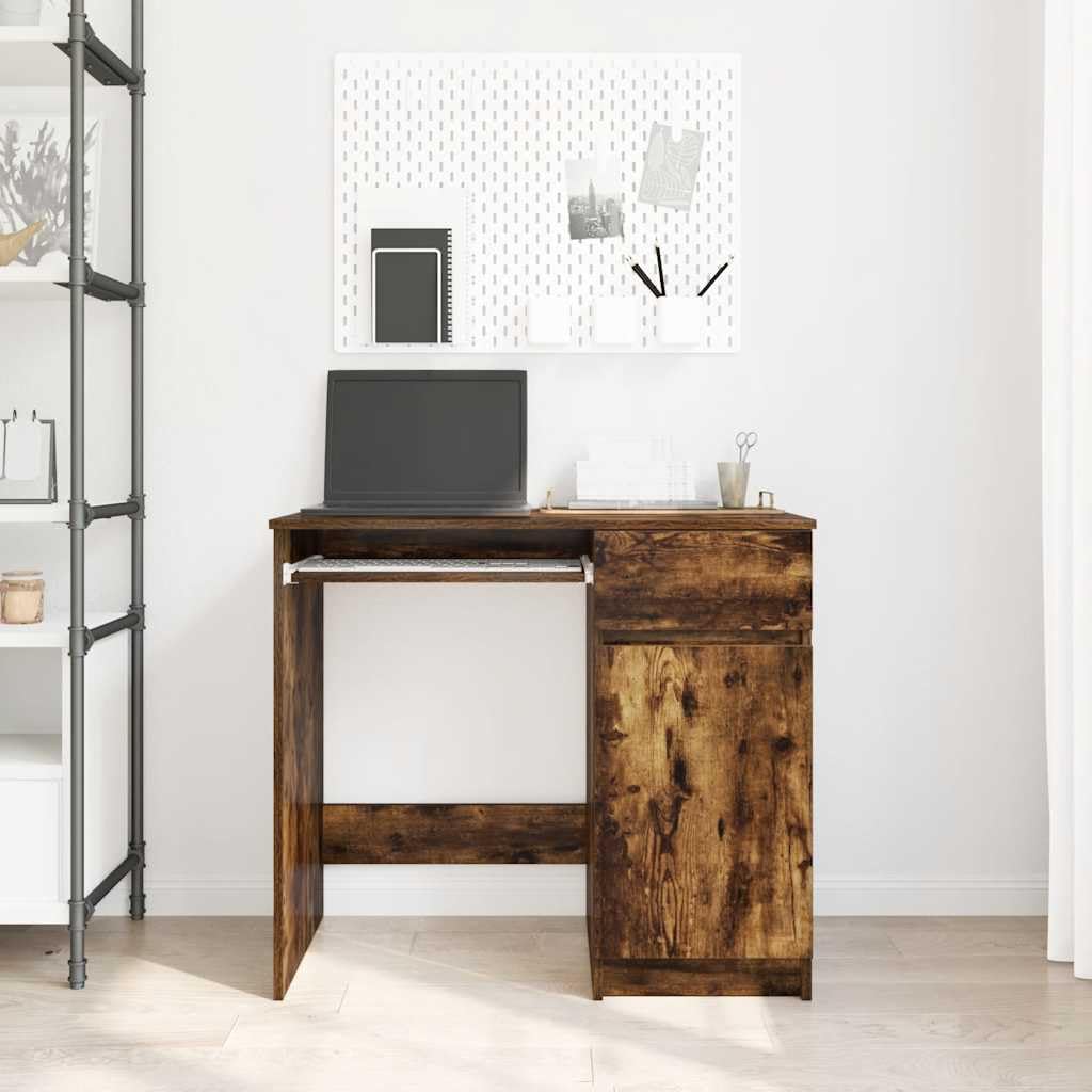 Scrivania in legno di rovere affumicato, con cassetto e mensola, 86 x 49 x 76 cm, per PC, laptop, ufficio, postazione di lavoro, casa, ufficio, spazio per tastiera, monitor da gioco
