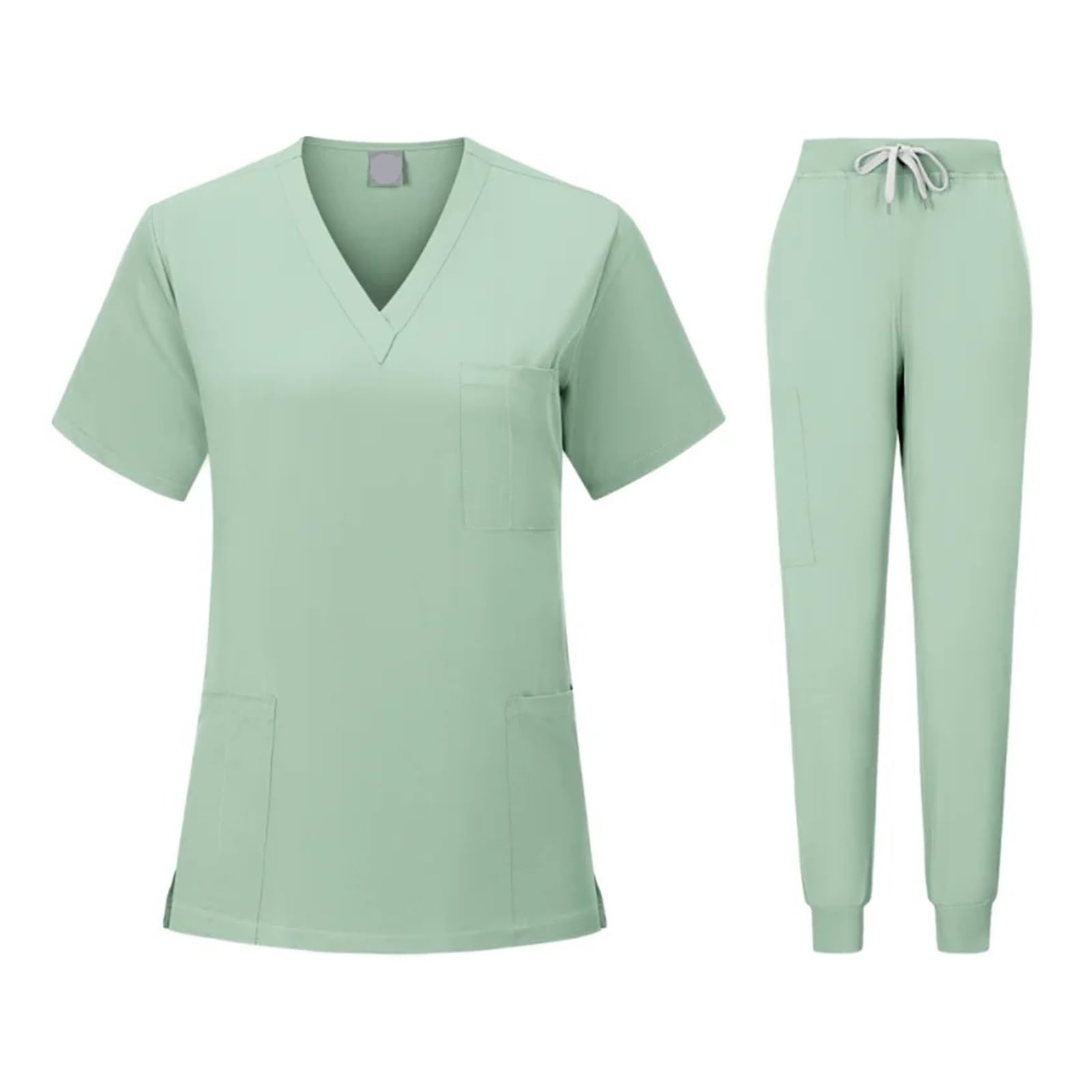 Krankenschwester Uniformen Frau Kurzarm V-Ausschnitt Top Scrubs Jogger Hosen Scrubs Set Frauen Sommer Casual Uniformes FüR Beauty Salon Klinik Krankenhaus(Light Green,XL)