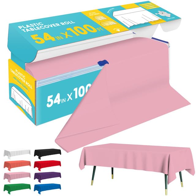 Image of Niuara Pink Plastic Table Cover Roll - 54IN x 100FT, Table Cloth for Rectangle Table with Slide Cutter, Plastic Table Cloth Disposable with Cut-to-Size Design for Weddings, Banquets, Parties