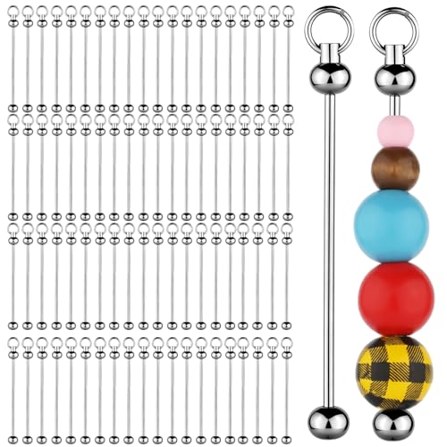 50pcs Blank Beadable Keychain Bars Metal DIY Bead Keychain Eady Detachable Key Chain Making Accessories for Craft Project Pendant (Silver)