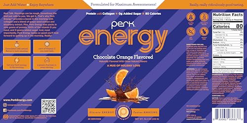 Image of Perk Energy Drink Mix (Chocolate Orange) 20 Servings - Caffeinated Healthy Coffee Alternative with Protein, 100mg of Caffeine, Gluten-Free, Soy-Free, Peanut-Free