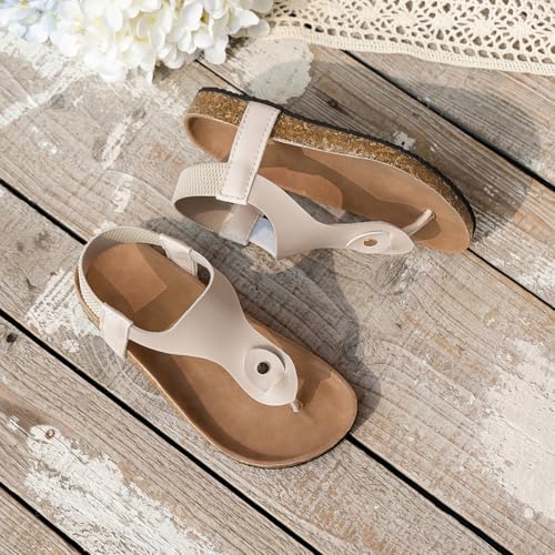 Kids Cork Footbed T-Strap Sandals, Black Leather, Elastic Back Strap3