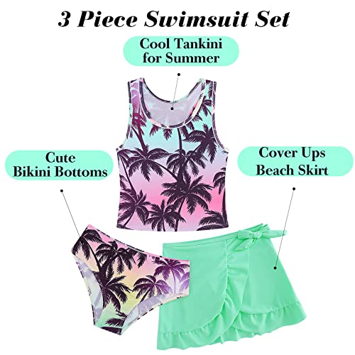 Girls Swimsuits 3 Piece Tankini Bathing Suit Set Cute Bikini Swimwear with Cover Ups Beach Skirt 5-16 Years