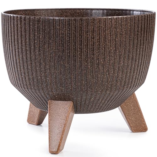 KONZEPT Pflanzschale Groß 24cm Braun, Blumentopf mit Füßen, wetterfest & UV-beständig, mit Wasserabfluss-Einsatz, Übertopf für Innen & Außen